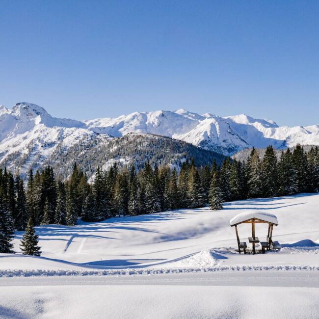 Blick auf die verschneiden Berge in Kartitsch, Osttirol
