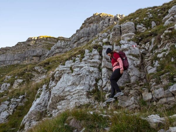 Steiler felsiger Wanderweg mit Drahtseilsicherung am Schafreuter